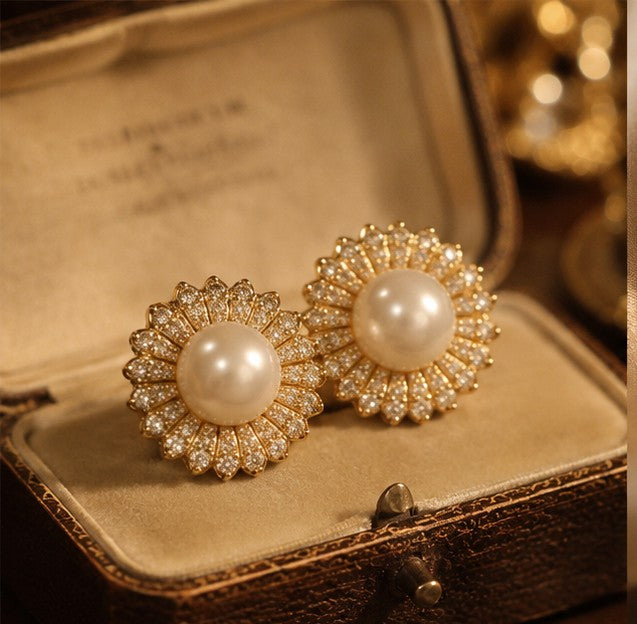 Pearl zircon floral stud earrings in vintage jewelry box