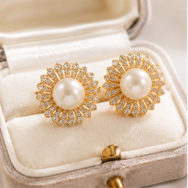 Pearl zircon floral stud earrings in cream jewelry box