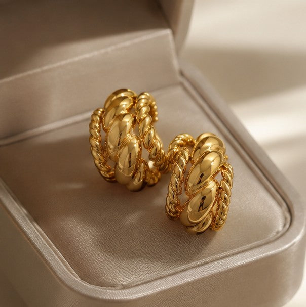 Gold-plated sculpted rope stud earrings in jewelry box