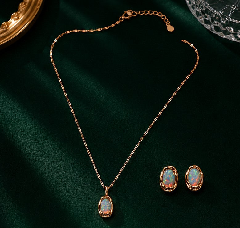 Natural Opal Rose Gold-Plated Necklace & Stud Earrings Set