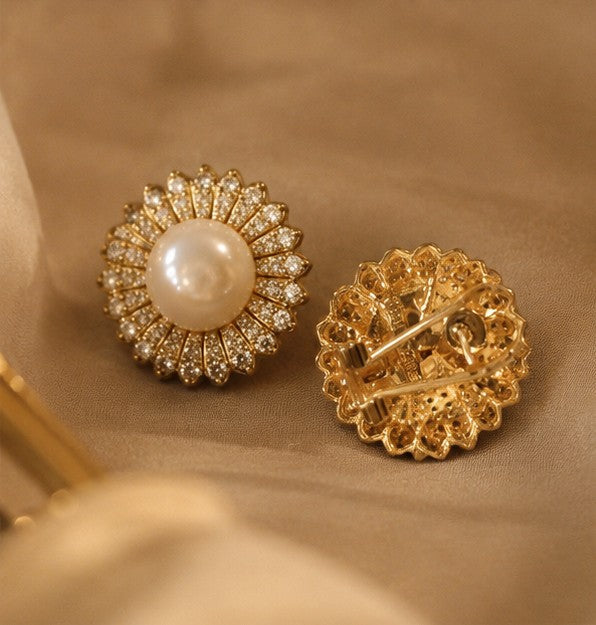 Front and back view of pearl zircon floral stud earrings