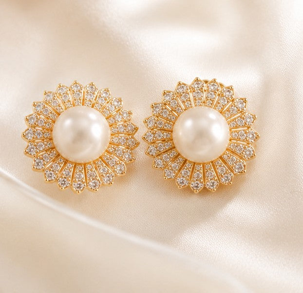 Pearl zircon floral stud earrings close-up