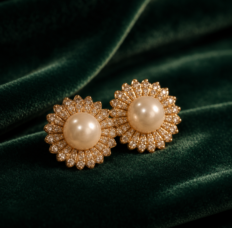Pearl zircon floral stud earrings on deep green velvet