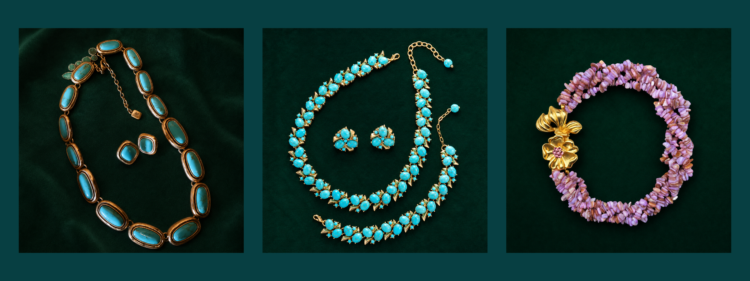 Three complete ARTEPHIR necklace collections on deep green