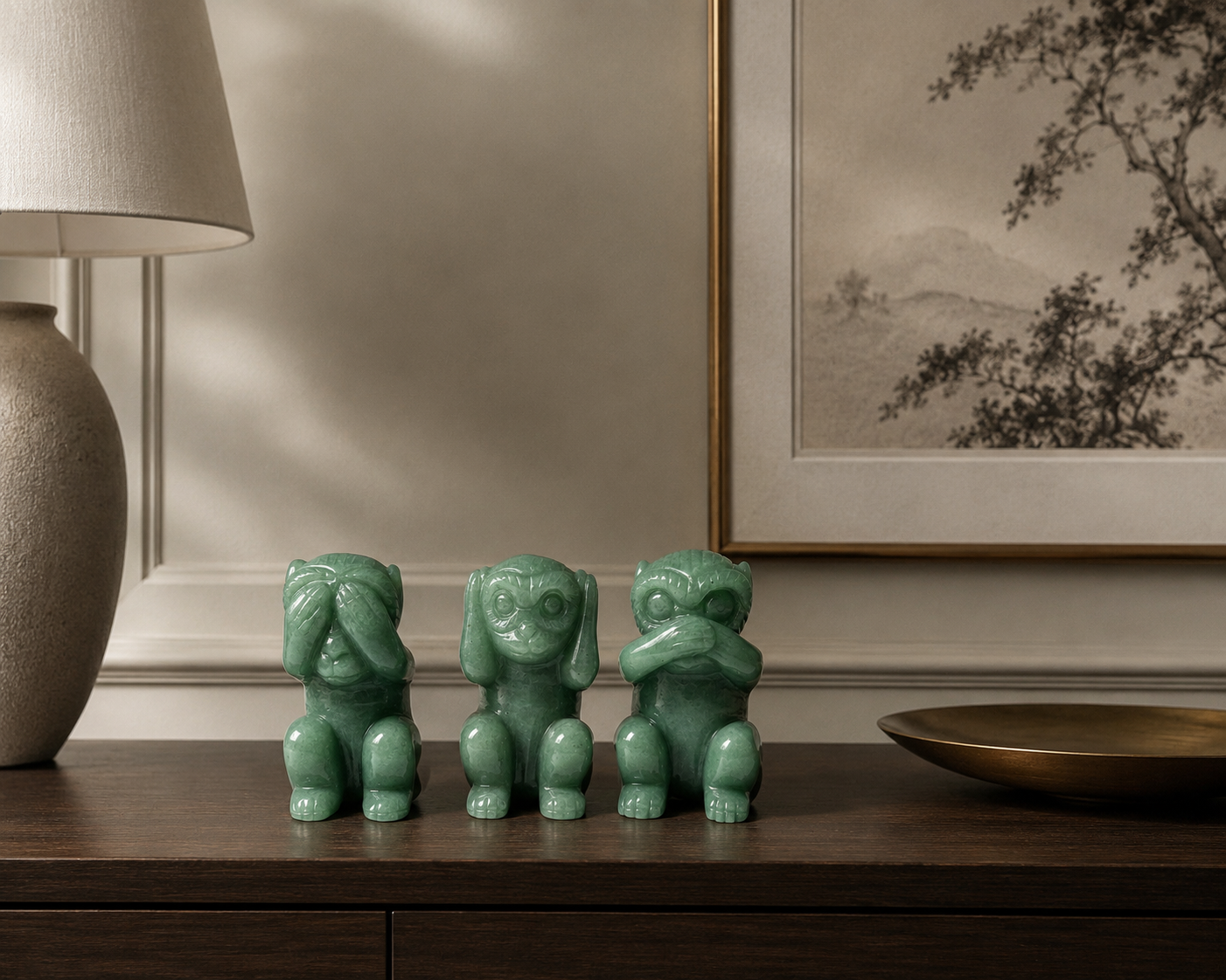 Three green decorative monkey sculptures